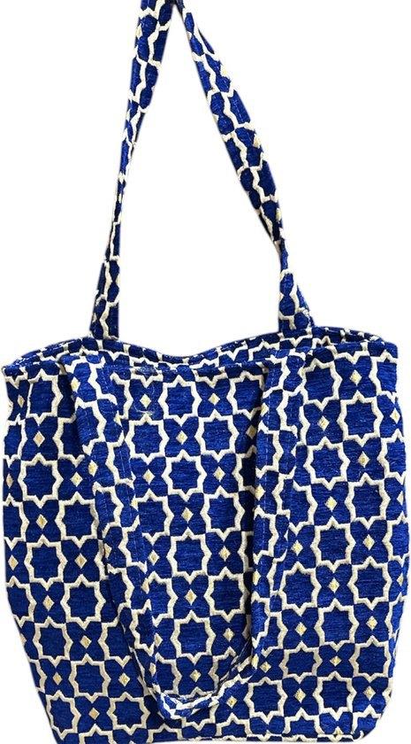 Handgemaakte Fluwelen XL Shopper met Gouden Accenten -Blauw, Ophalen of Verzenden, Nieuw, Blauw, Shopper