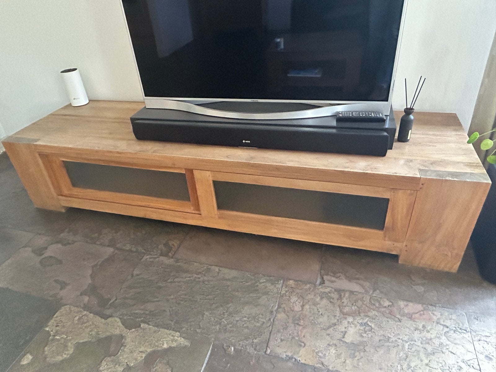 Teak houten tv meubel 200x55x40 cm, Ophalen, Gebruikt, Teakhout, 200 cm of meer