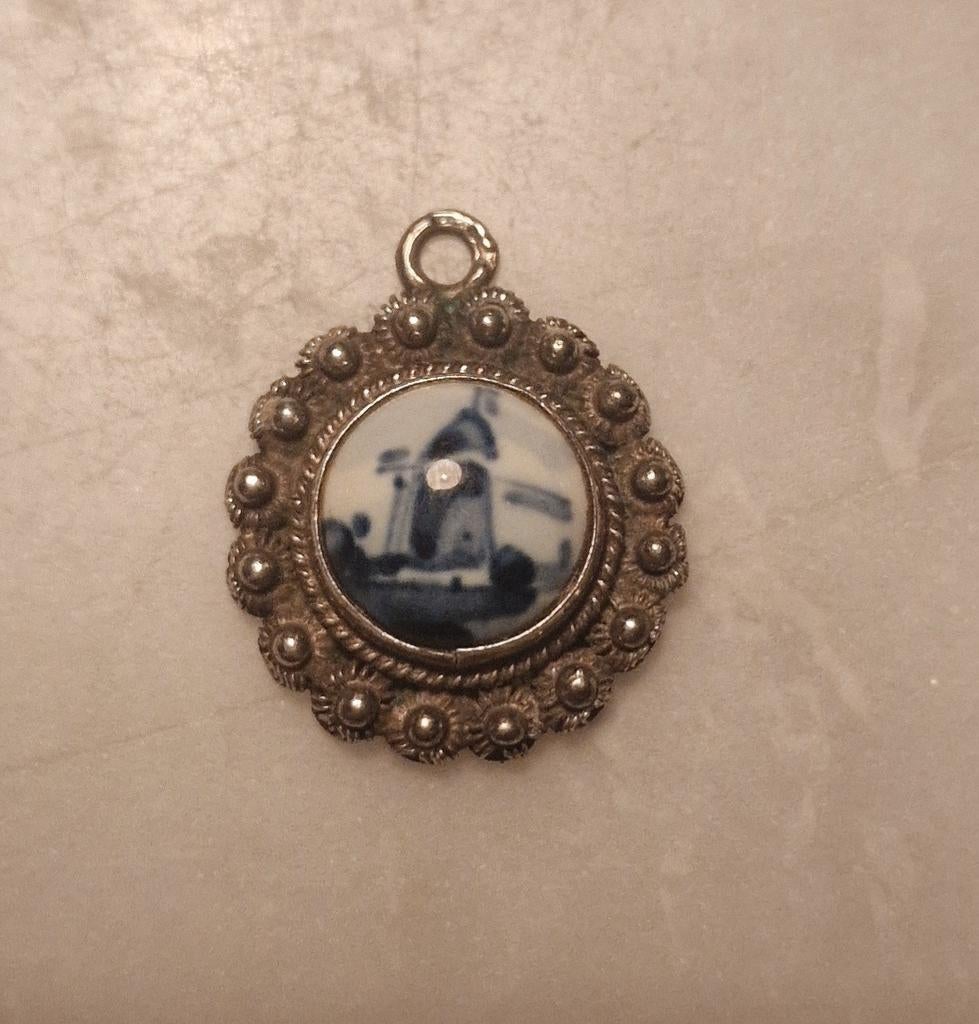 Vintage Delfts Blauw Bedel met Molen - Zilverkleurig, Ophalen of Verzenden