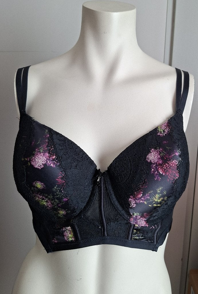 Hunkemöller BH 80E Zwart met bloemenprint en kant, Hunkemoller, Ophalen of Verzenden, Zwart, BH