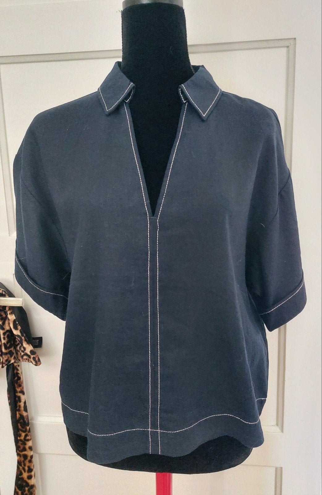 Zara Blauwe Linnen Denimachtige blouse met Wit Sierstiksel, Kleding | Dames, Maat 38/40 (M), Blauw, Zara, Nieuw