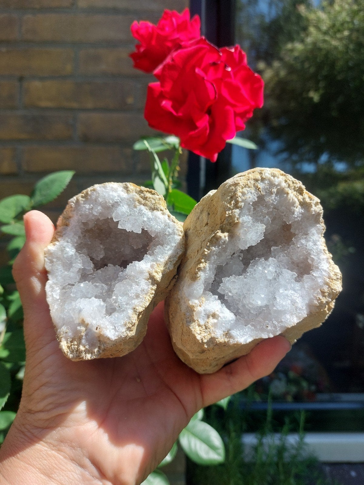 Kwarts geode paartje uit Marokko - heldere kristallen, Ophalen of Verzenden