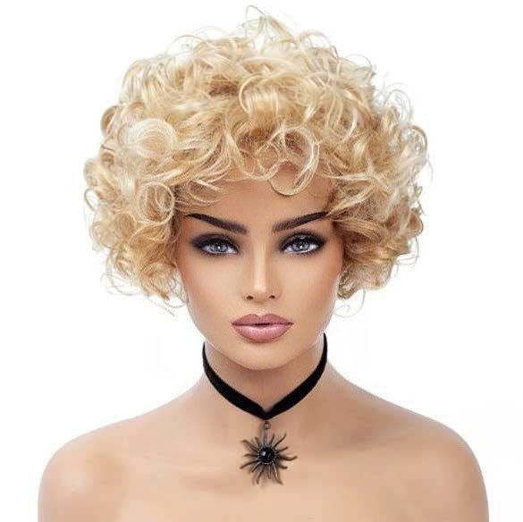 Goudblonde pruik kort haar met krullen, Verzenden, Nieuw, Pruik of Haarverlenging