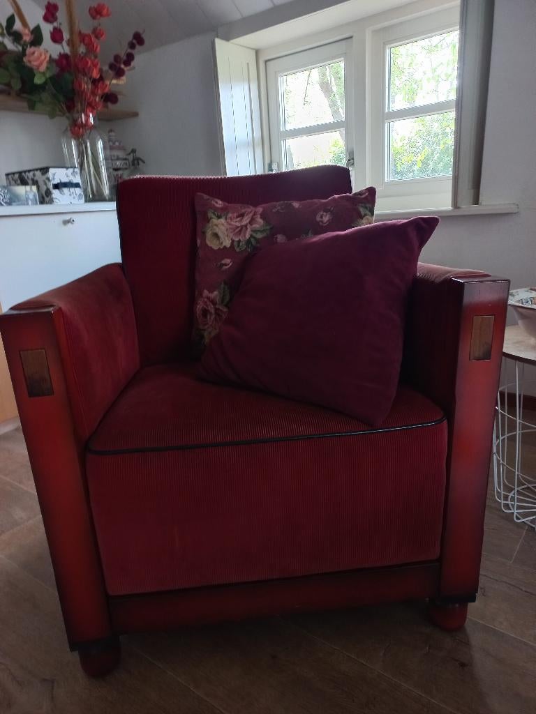 Art Deco stoelen, rood rib fluweel met leren bies, Huis en Inrichting, Fauteuils, Overige materialen, Gebruikt, 75 tot 100 cm