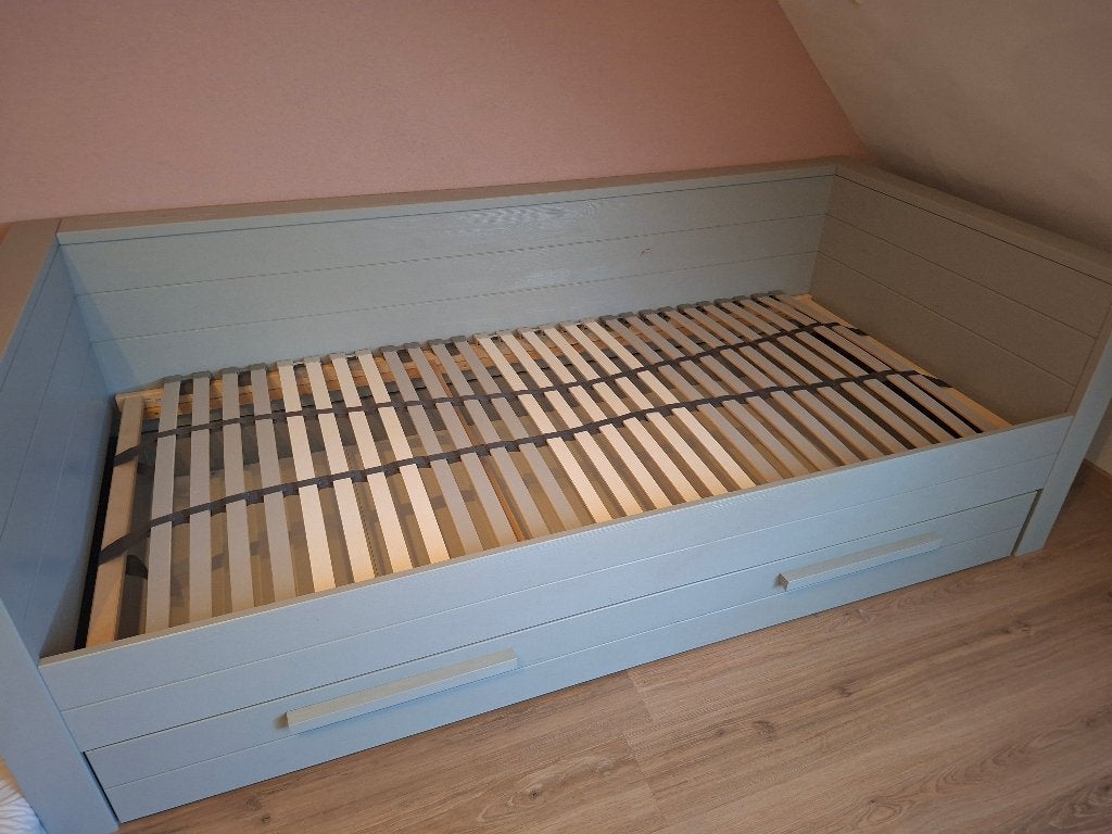 Woood bedbank (betongrijs) met lade en nachtkastje, Ophalen, 100 cm, Eenpersoons, Zo goed als nieuw