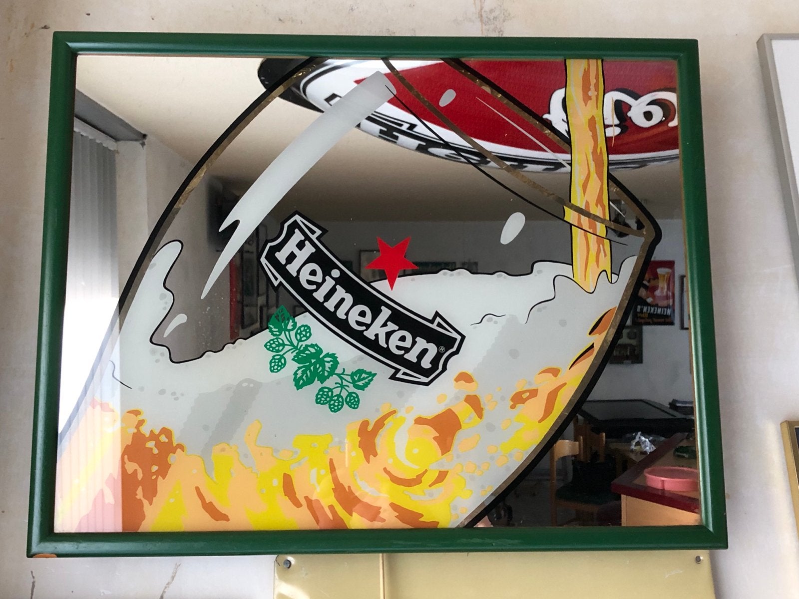 Heineken spiegel lamp - Perfect voor bar of mancave, Ophalen, Groen, Vintage, Gebruikt