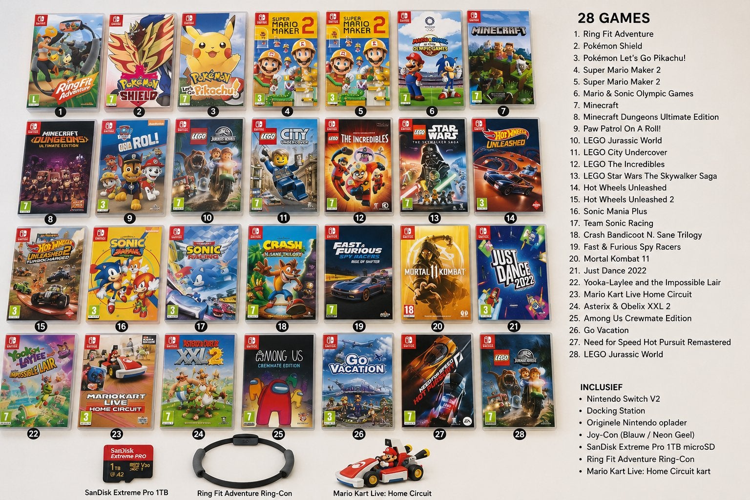 Nintendo Switch V2 OverCompleet 28 Games 1TB SanDisk extreme, Ophalen, Zo goed als nieuw, Met 2 controllers, Switch 2019 Upgrade