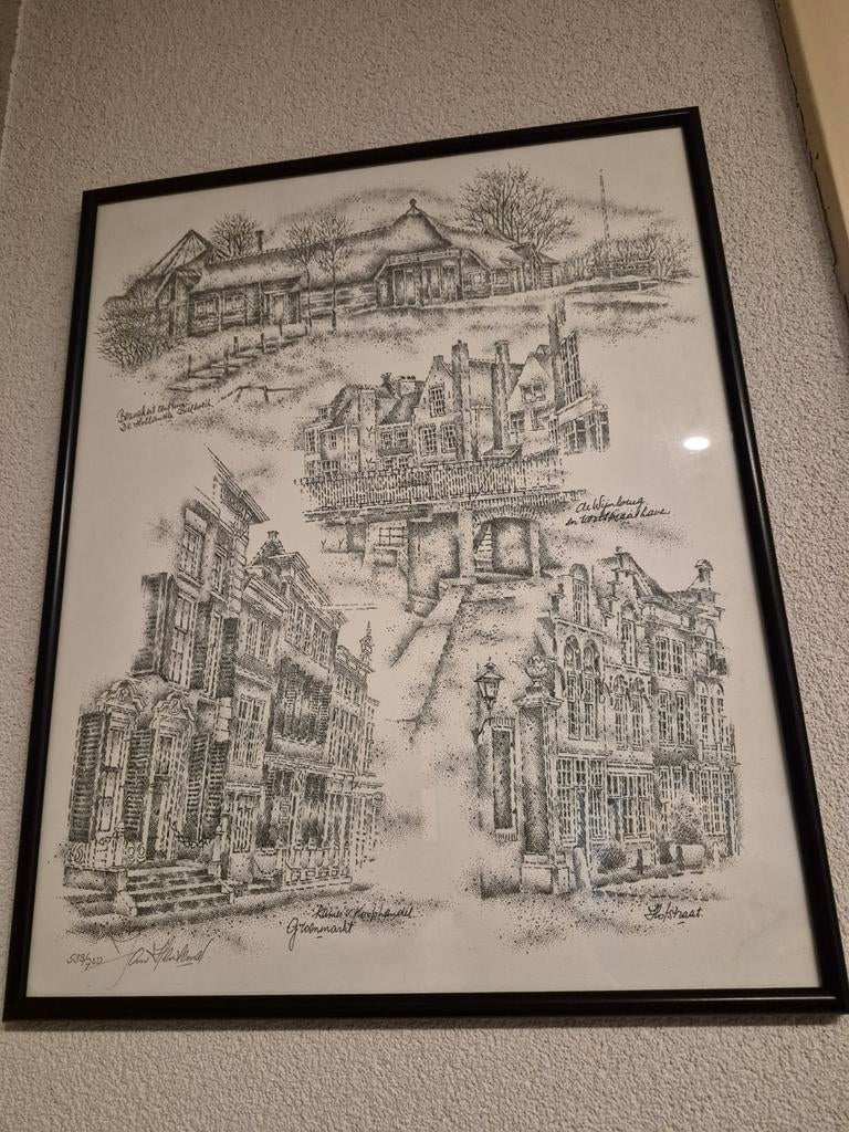 Ingelijste punttekening Hensema van Dordrecht gebouwen, Ophalen of Verzenden