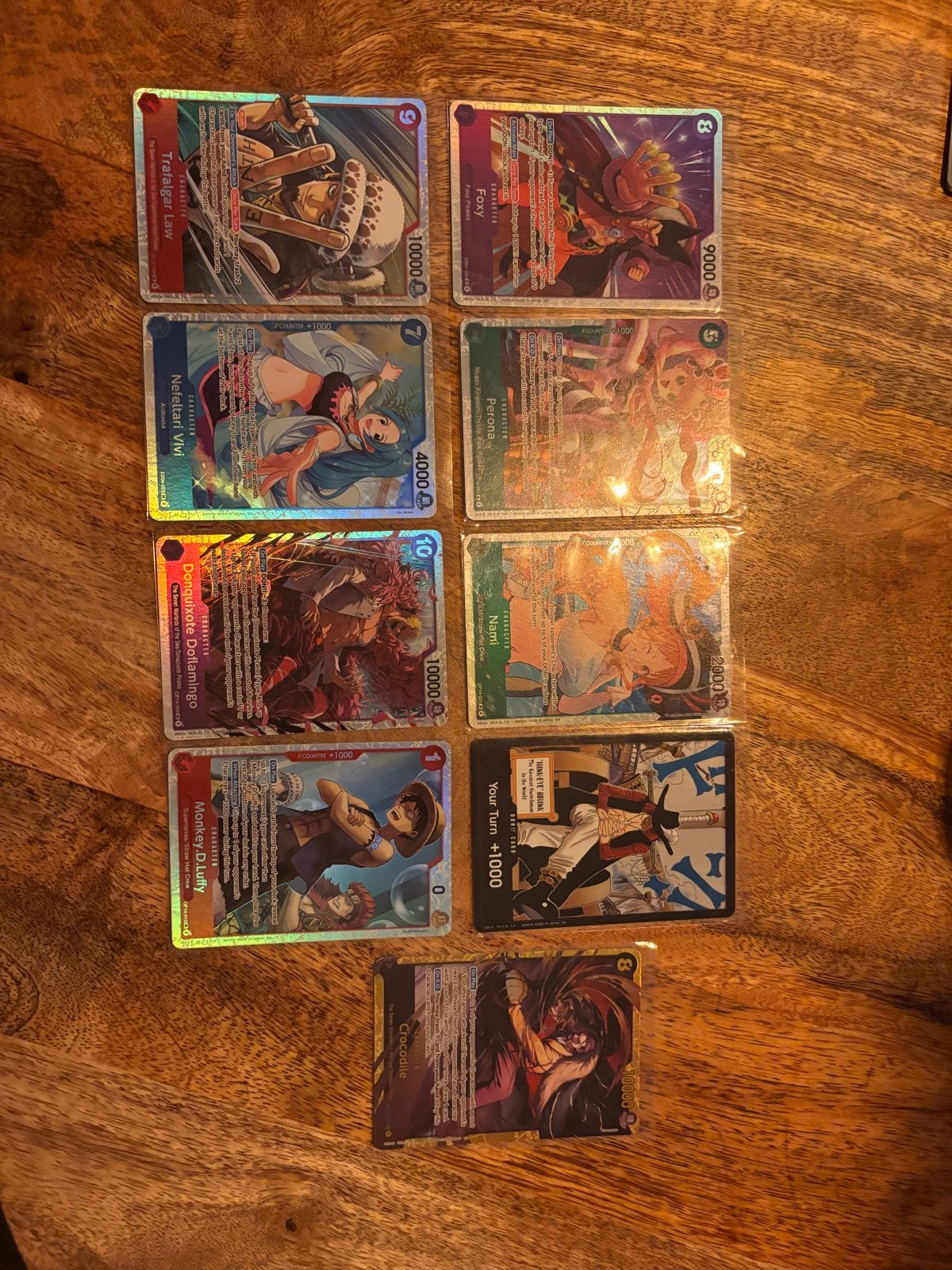 One Piece Kaarten - Trafalgar Law, Doflamingo, Luffy, Nami,, Verzenden, Gebruikt, Meerdere kaarten, Foil