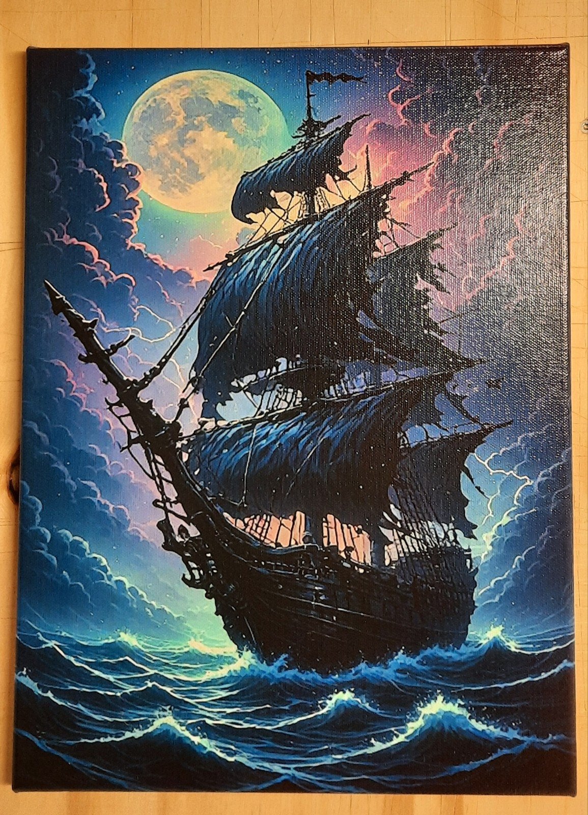 Schilderij 'Spookschip onder volle maan' - 40x50cm, Voertuigen, Verzenden, Print, Op houten frame