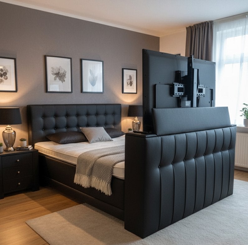 Elektrische boxspring met voetbord met tv lift tot 75 inch, Verstelbaar, Zwart, Ophalen of Verzenden, 180 cm