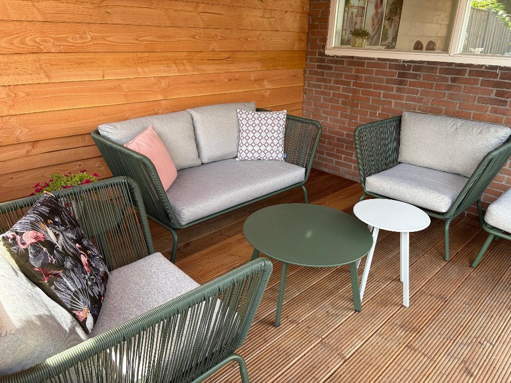 Intratuin Iris 4-zits loungeset groen + hocker & tafels, Ophalen, 4 zitplaatsen, Kunststof, Zo goed als nieuw