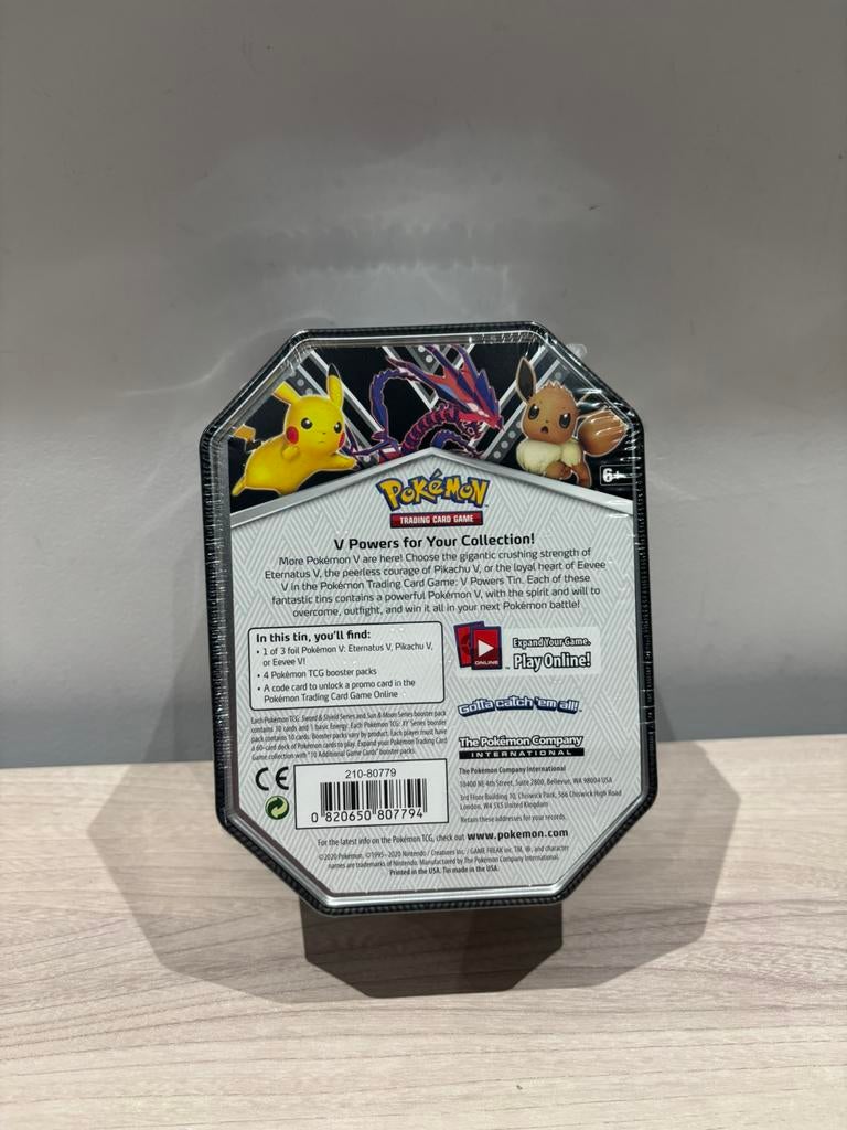 Pokémon TCG Eternatus V Powers Tin 4 packs 2020, Ophalen of Verzenden, Zo goed als nieuw, Foil