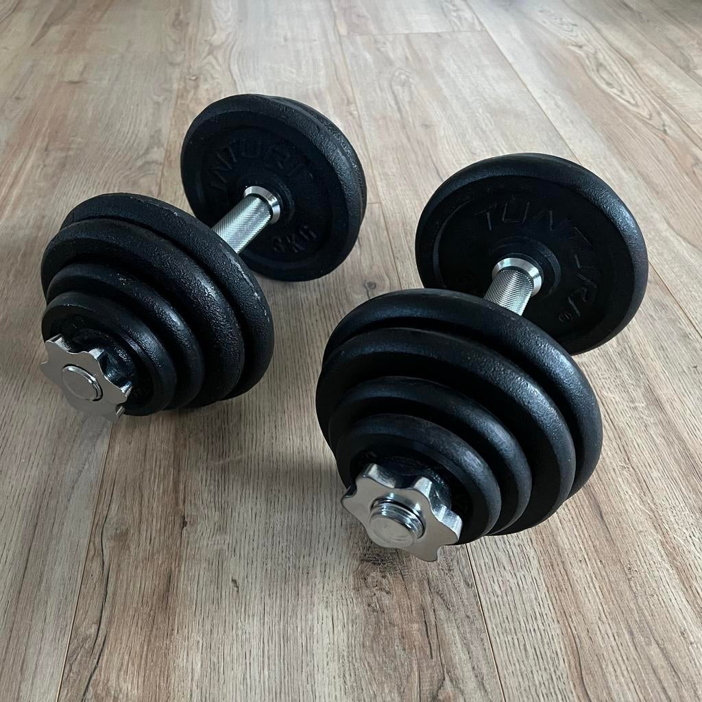 Dumbbellset 2x15 kg gietijzer, Sport en Fitness, Fitnessmaterialen, Ophalen, Gebruikt, Armen, Dumbbell