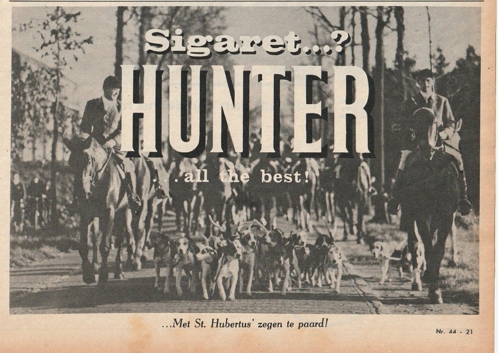 retro reclame 1962 Hunter sigaretten St. Hubertus te  paard, Verzenden, Overige typen