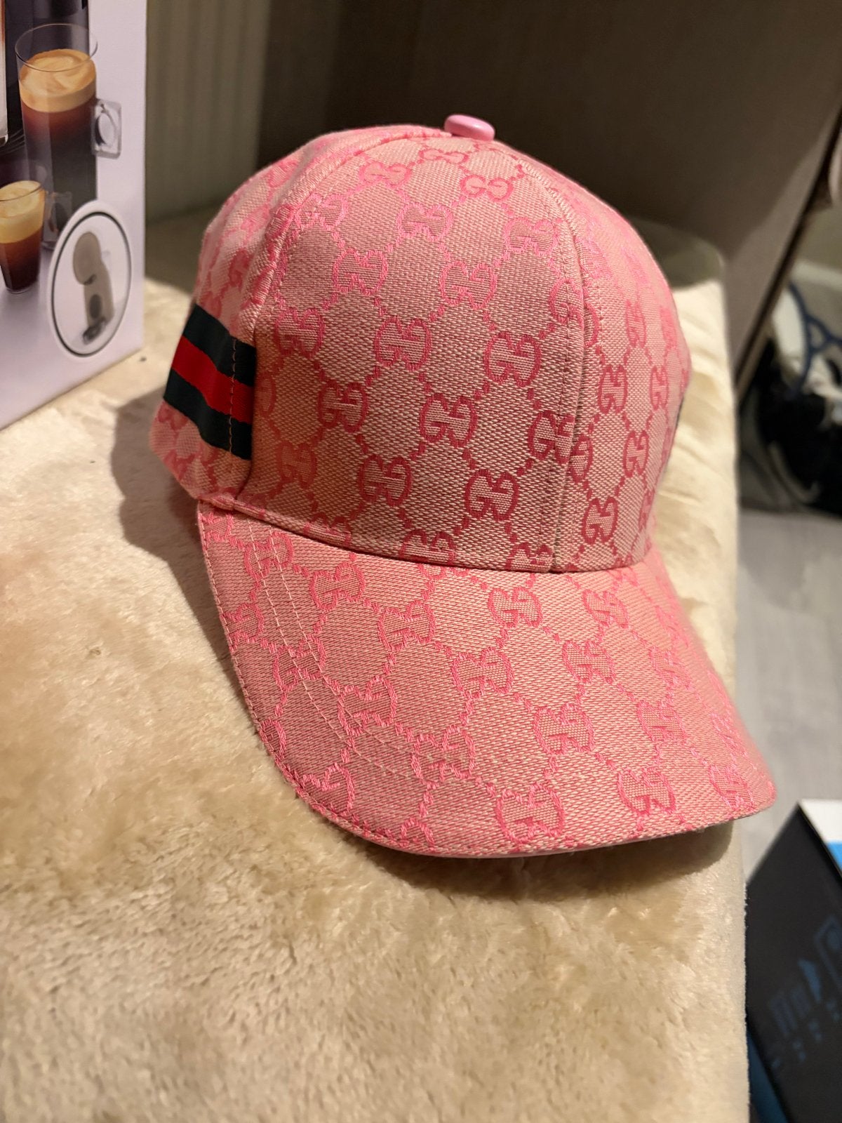 Roze Gucci pet met GG-monogram en Web-streep, Ophalen of Verzenden, Zo goed als nieuw, One size fits all, Pet