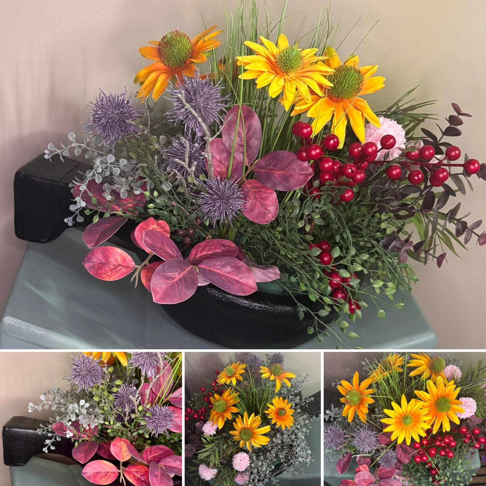 Luxe Zijden Tafel Bloemstuk Autumn Glow – Mat Zwarte Schaal, Huis en Inrichting, Binnen, Inclusief kunstbloemen, Www.discountfashioncorner.nl