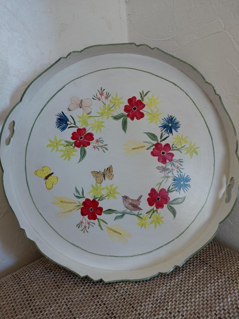 Decoratief dienblad met bloemen en vlinders - 39 cm, Ophalen of Verzenden, Gebruikt, Rond, Hout