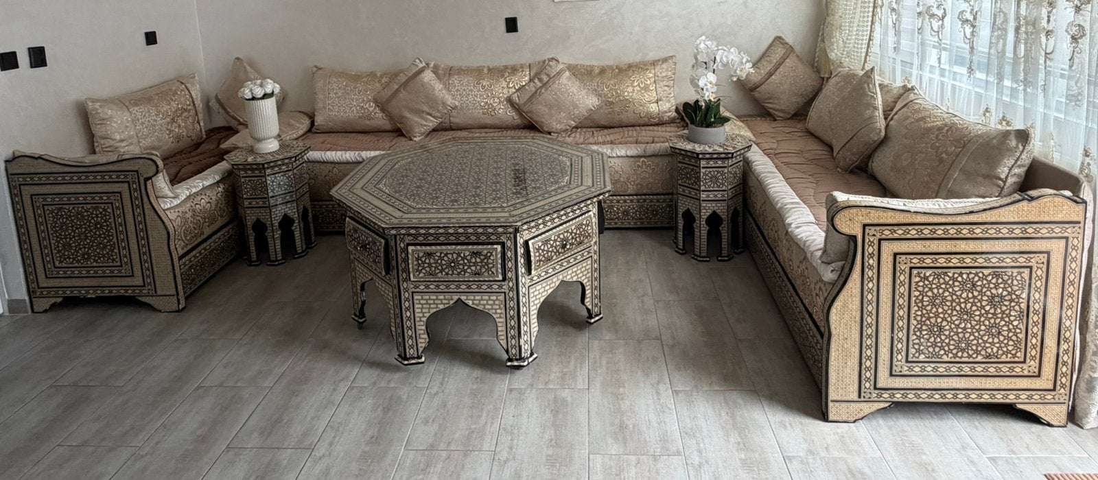 Marokkaanse Seddari – Egyptisch mozaïek Design | Zwart/Crème, Ophalen, Zo goed als nieuw, Hout, Egyptische mozaïek