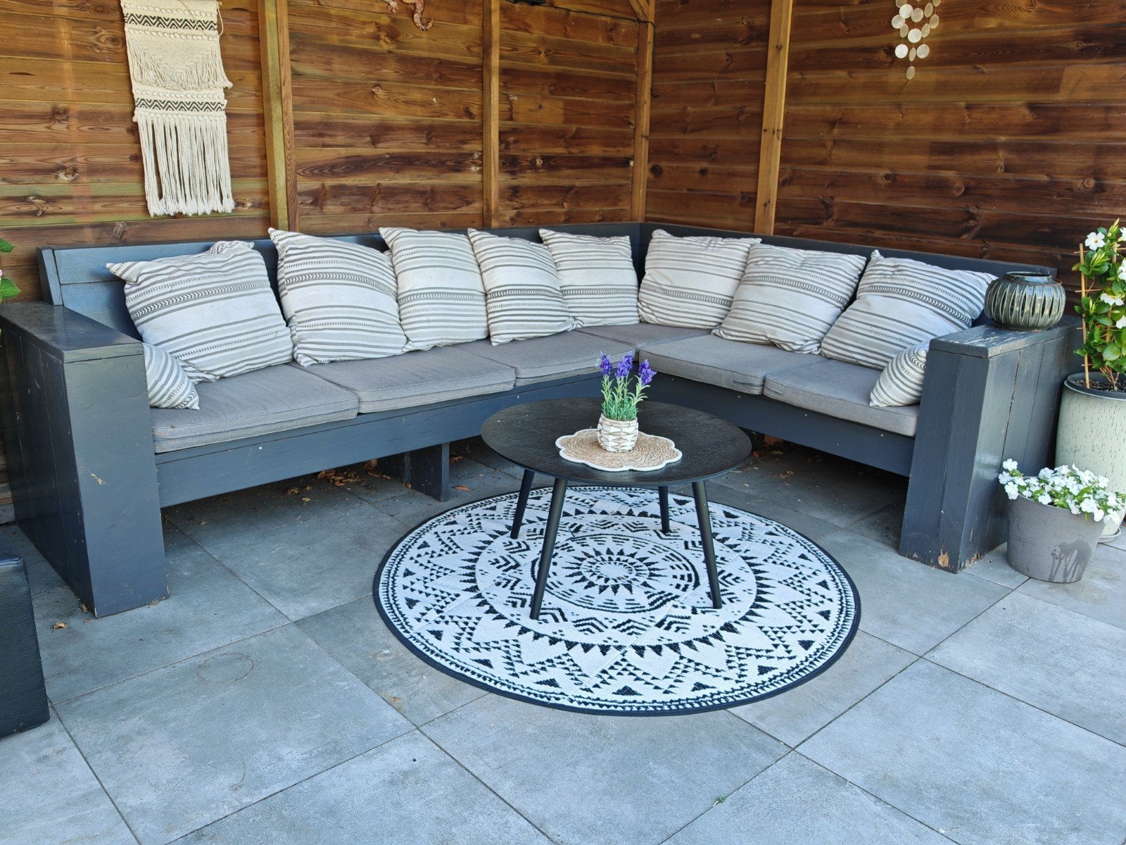 Houten loungebank met kussens, Tuin en Terras, Ophalen, Gebruikt, 6 zitplaatsen, Loungeset