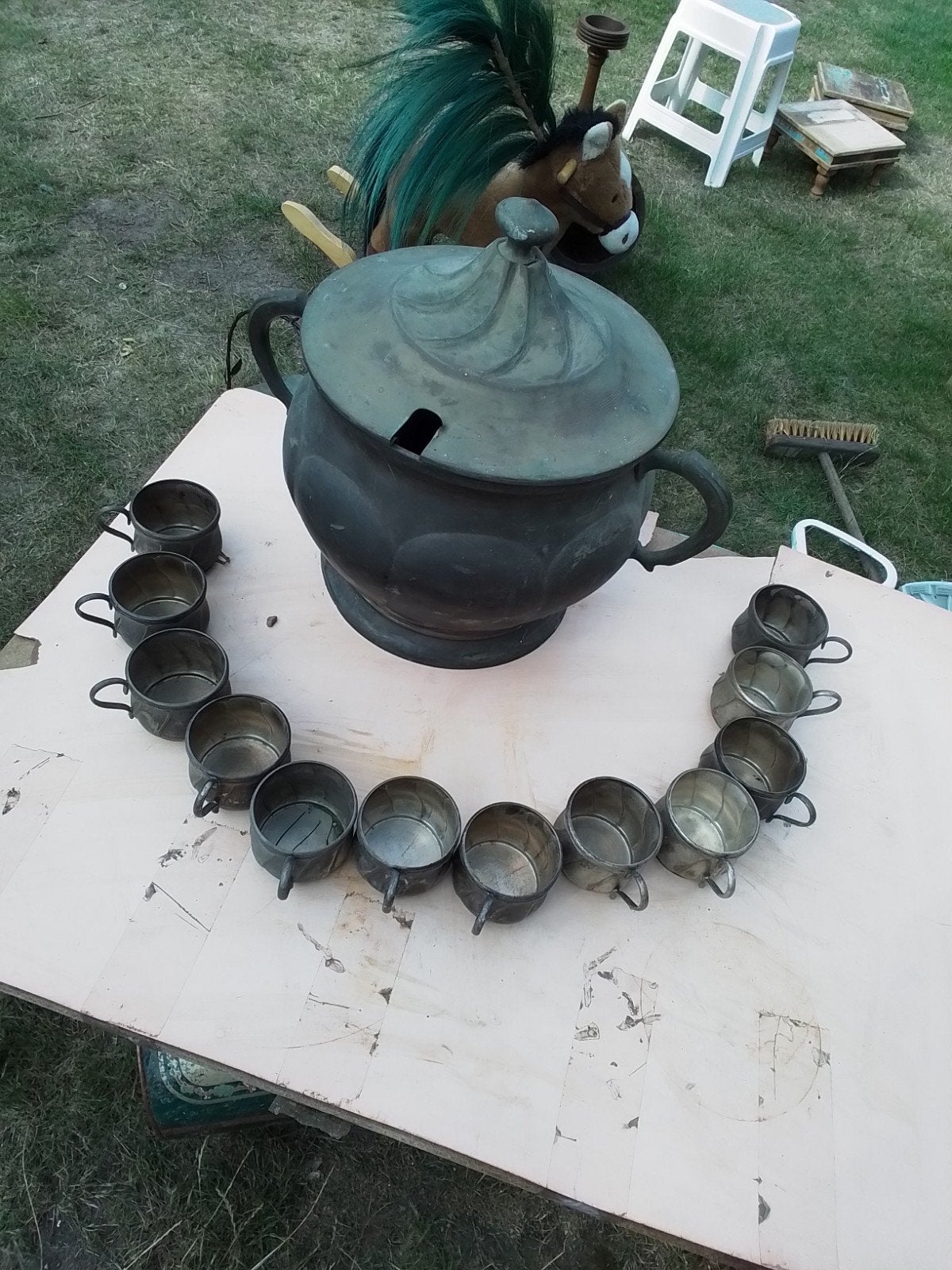 14005) antieke grote soup trine of Ponspot/bowlset en 12 kop, Ophalen of Verzenden