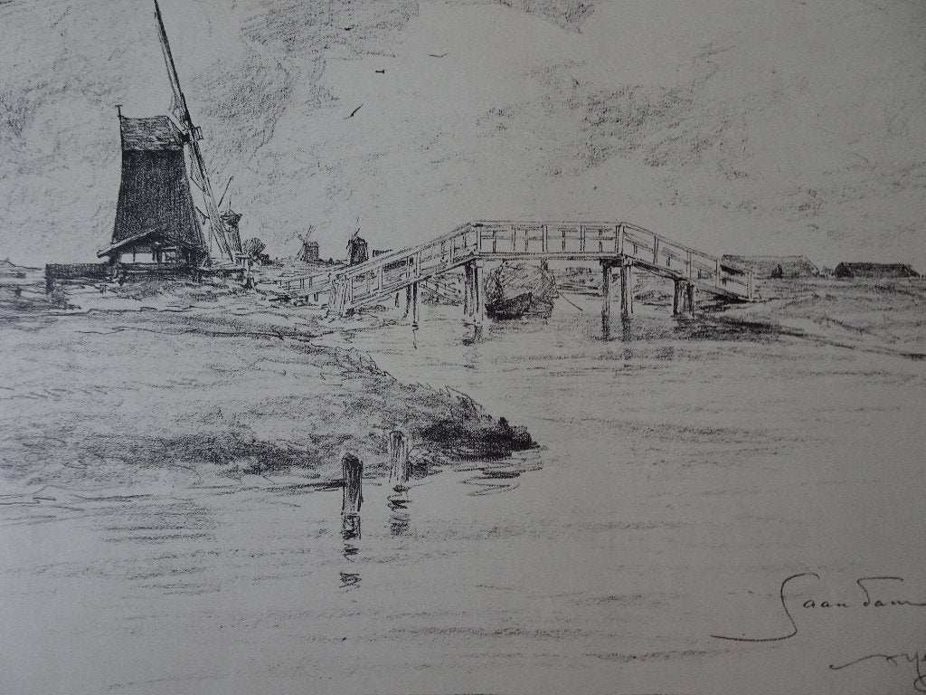 Litho brug met molens en boot, Zaandam onbekend signatuur, Antiek en Kunst, Kunst | Litho's en Zeefdrukken, Verzenden, Landschappen