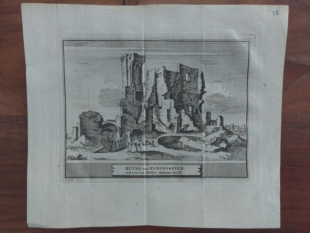 28 Ruine Koningveld - Koningsfeld Delft - Gravure uit 1736, Ophalen of Verzenden