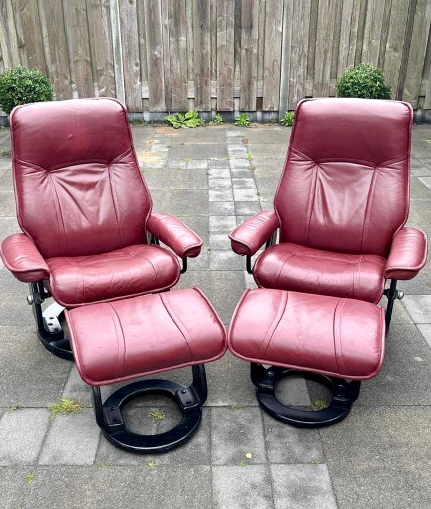 2x Rode Leren Relaxfauteuils met Voetenbanken, Ophalen, Gebruikt, Twee, Leer