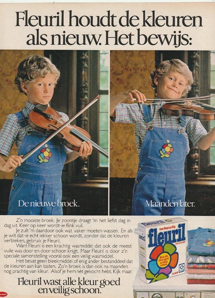 Retro reclame 1982 Fleuril jongetje viool muziekinstrument, Verzenden, Overige typen