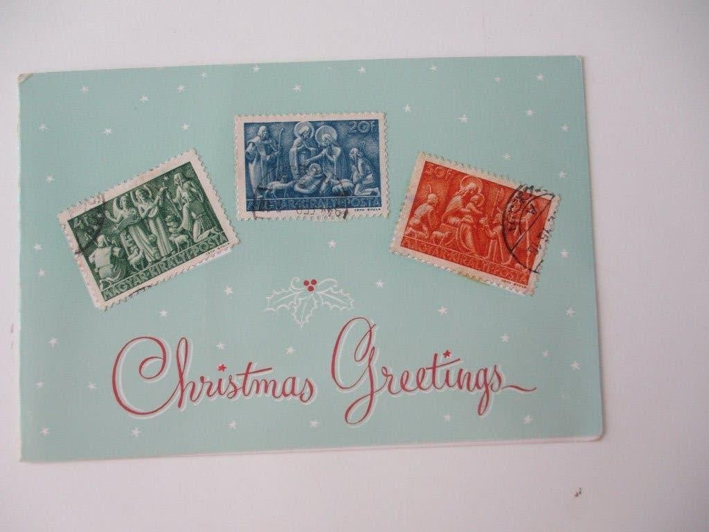 Vintage Kerstkaart met postzegels - Christmas Greetings, Verzenden, Gestempeld, Overige thema's