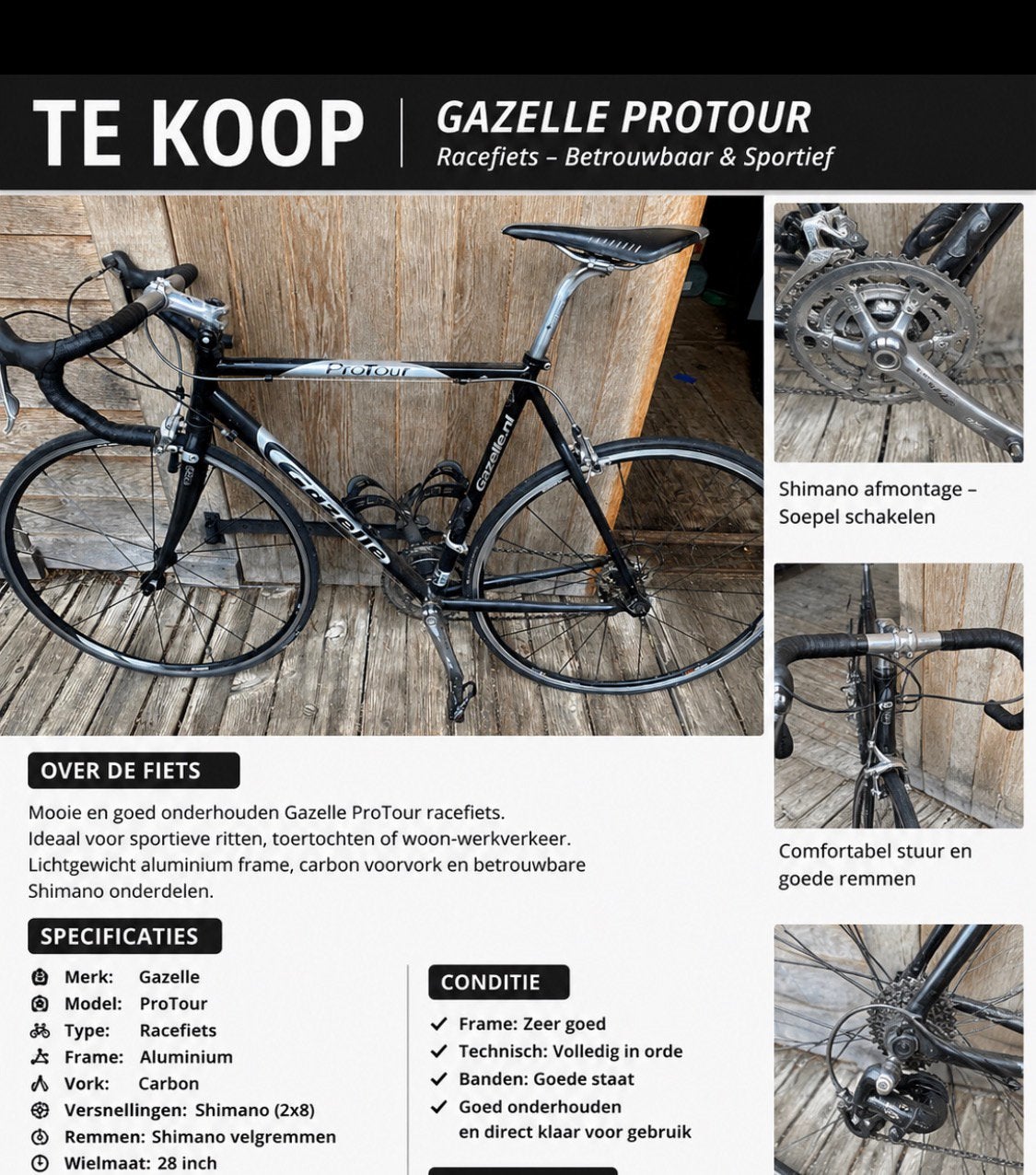Gazelle ProTour racefiets zwart grijs, Ophalen of Verzenden, Aluminium, Meer dan 20 versnellingen, Gazelle