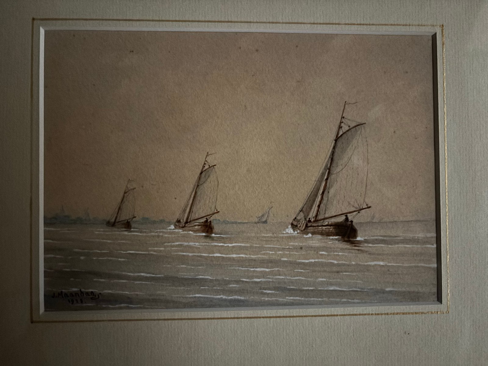 Maritieme aquarel van Jan Maandag (1850-1932) in nette lijst, Antiek en Kunst, Kunst | Schilderijen | Klassiek, Achter glas, Maritiem / water