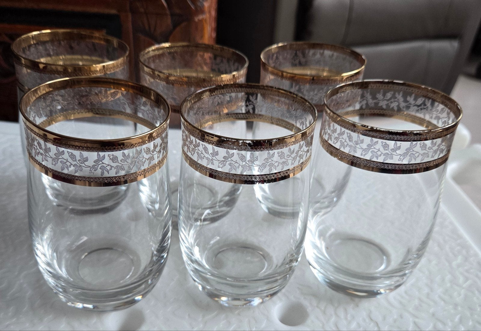 Set, 6 kristalglazen, 24 karaat gouden rand en decora, Antiek en Kunst, Ophalen of Verzenden