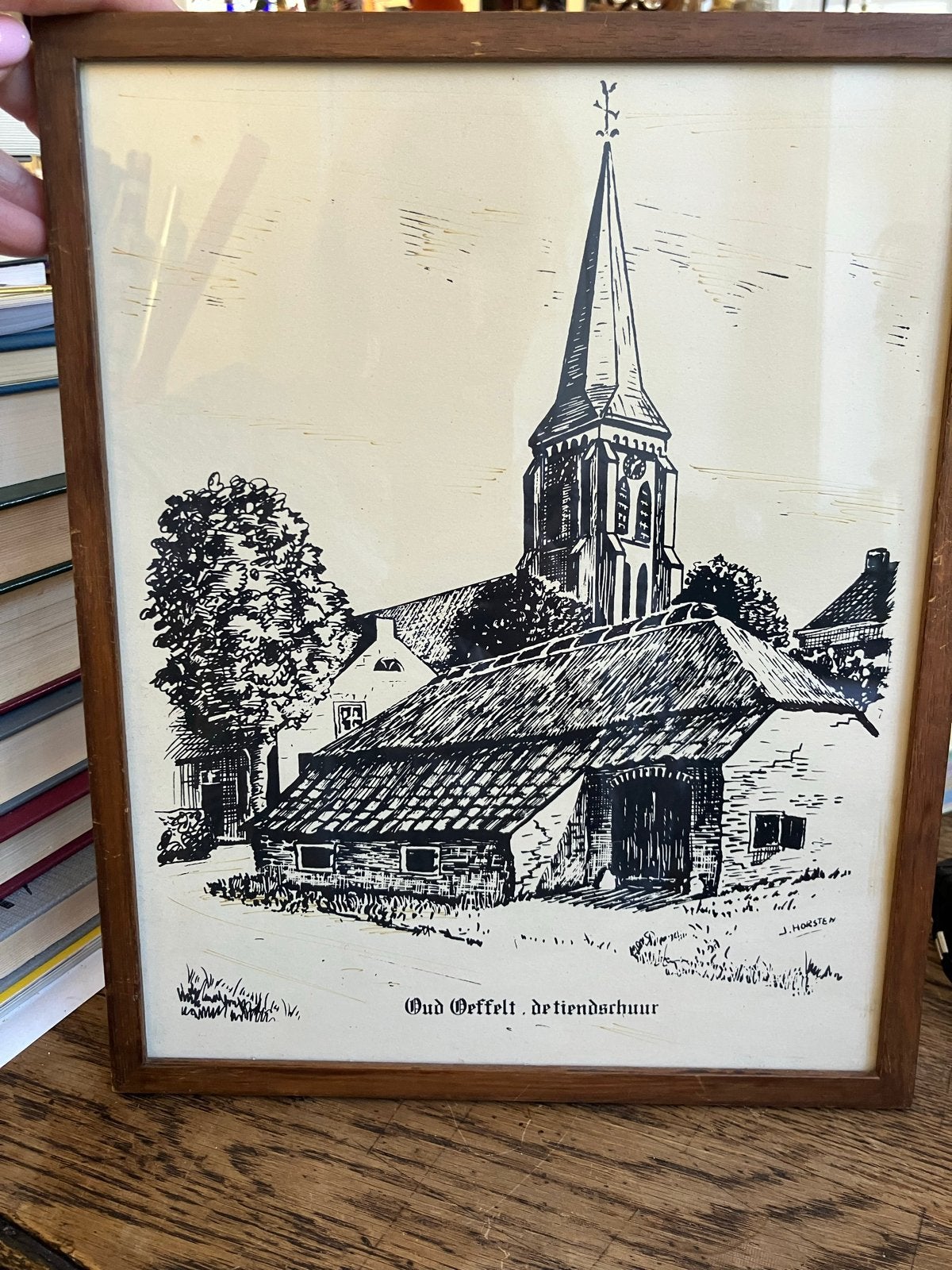 Oud Oeffelt, de tiendschuur - Ingelijste tekening, Ophalen of Verzenden