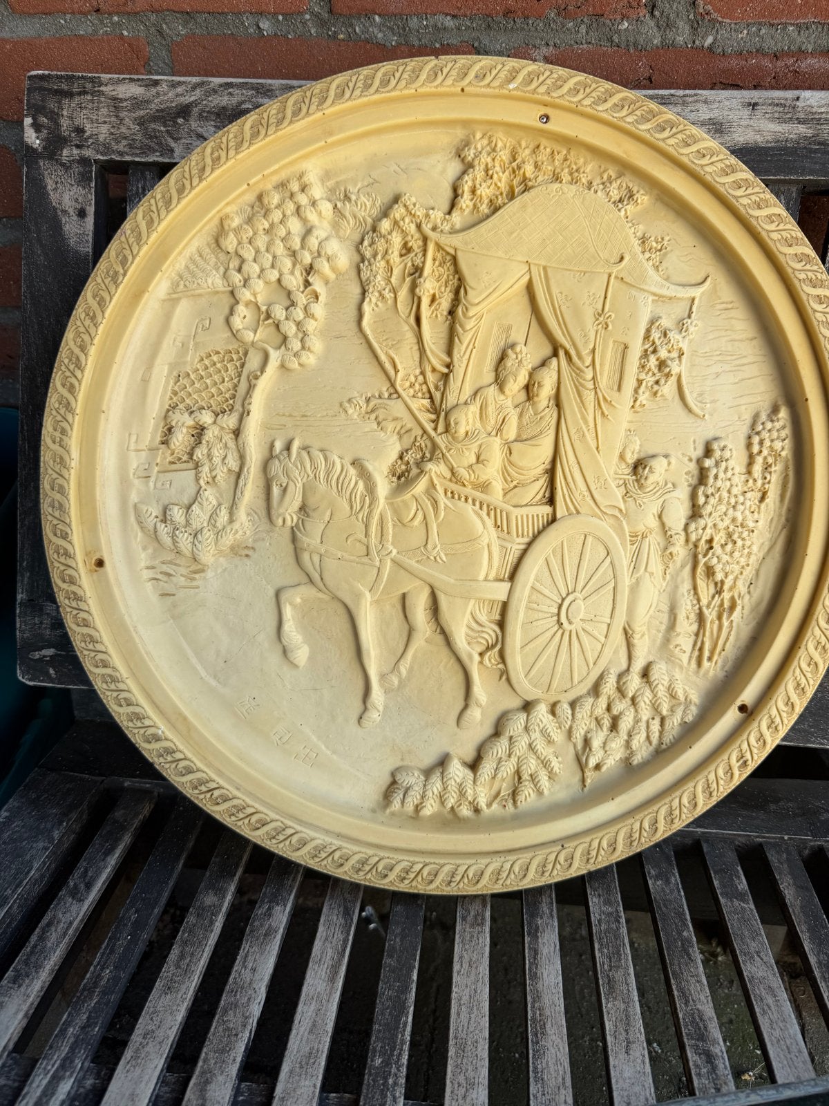 Vintage Chinees bas-reliëf van ivorine - Paardenkoets, Antiek en Kunst, Wanddecoratie, Beige, Ophalen of Verzenden, China
