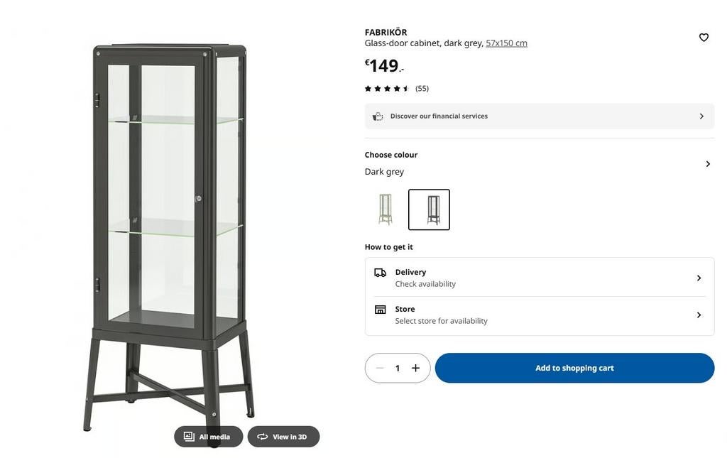 IKEA FABRIKÖR vitrinekast donkergrijs, Huis en Inrichting, Kasten | Vitrinekasten, Ophalen, 50 tot 100 cm, Zo goed als nieuw, Metaal
