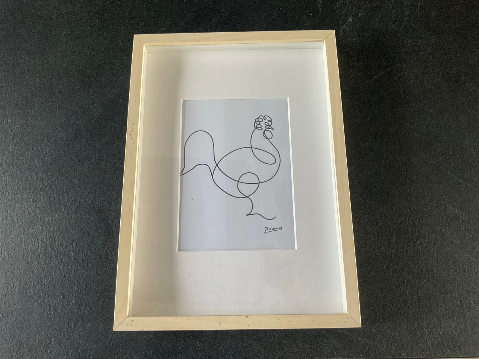 Picasso haan lijntekening ingelijst, Ophalen, Tekening, Potloodtekening, Gesigneerd