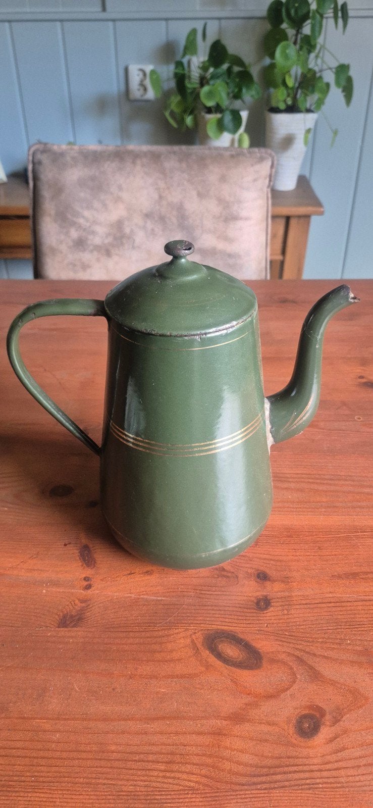 Vintage Groene Emaille Koffiekan met Gouden Banden, Antiek en Kunst, Antiek | Emaille, Ophalen of Verzenden