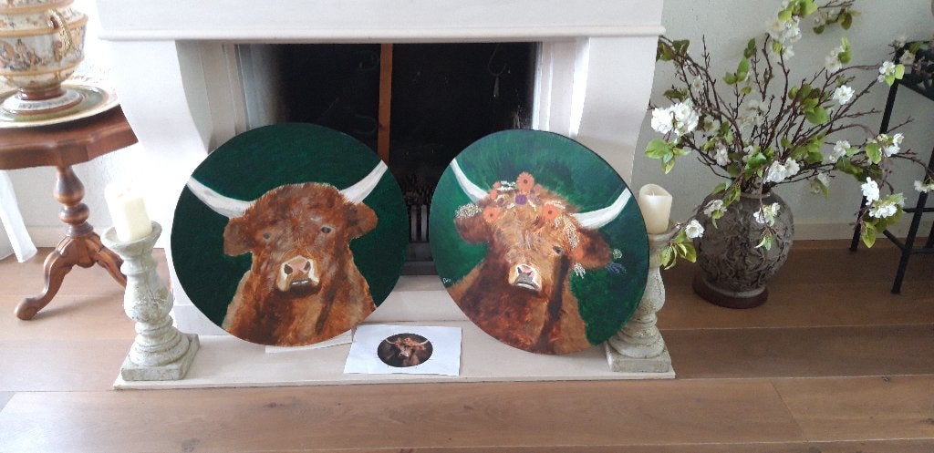 te koop 3 enige schilderijen van Schotse hooglanders, 50 – 75, Oorspronkelijke maker, Nieuw, Ophalen of Verzenden