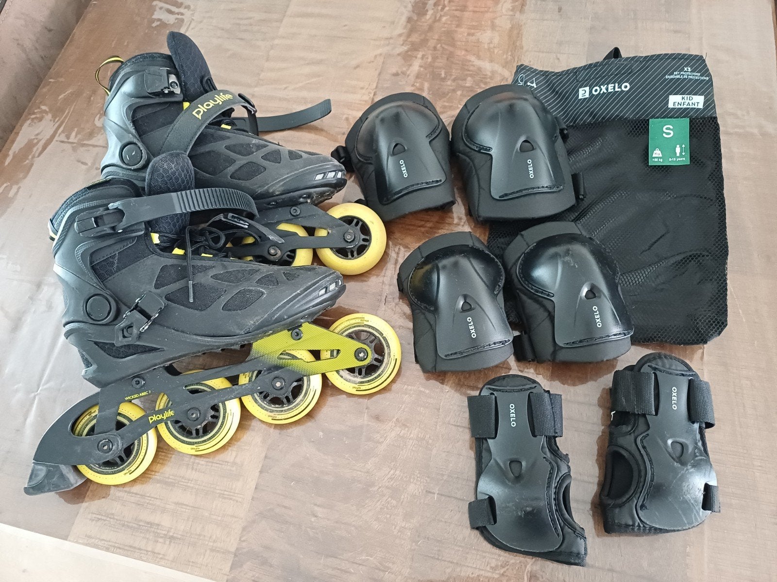 Inline skates met bescherming - Playlife & Oxelo, Gebruikt, Kinderen, Inline skates 4 wielen, Ophalen