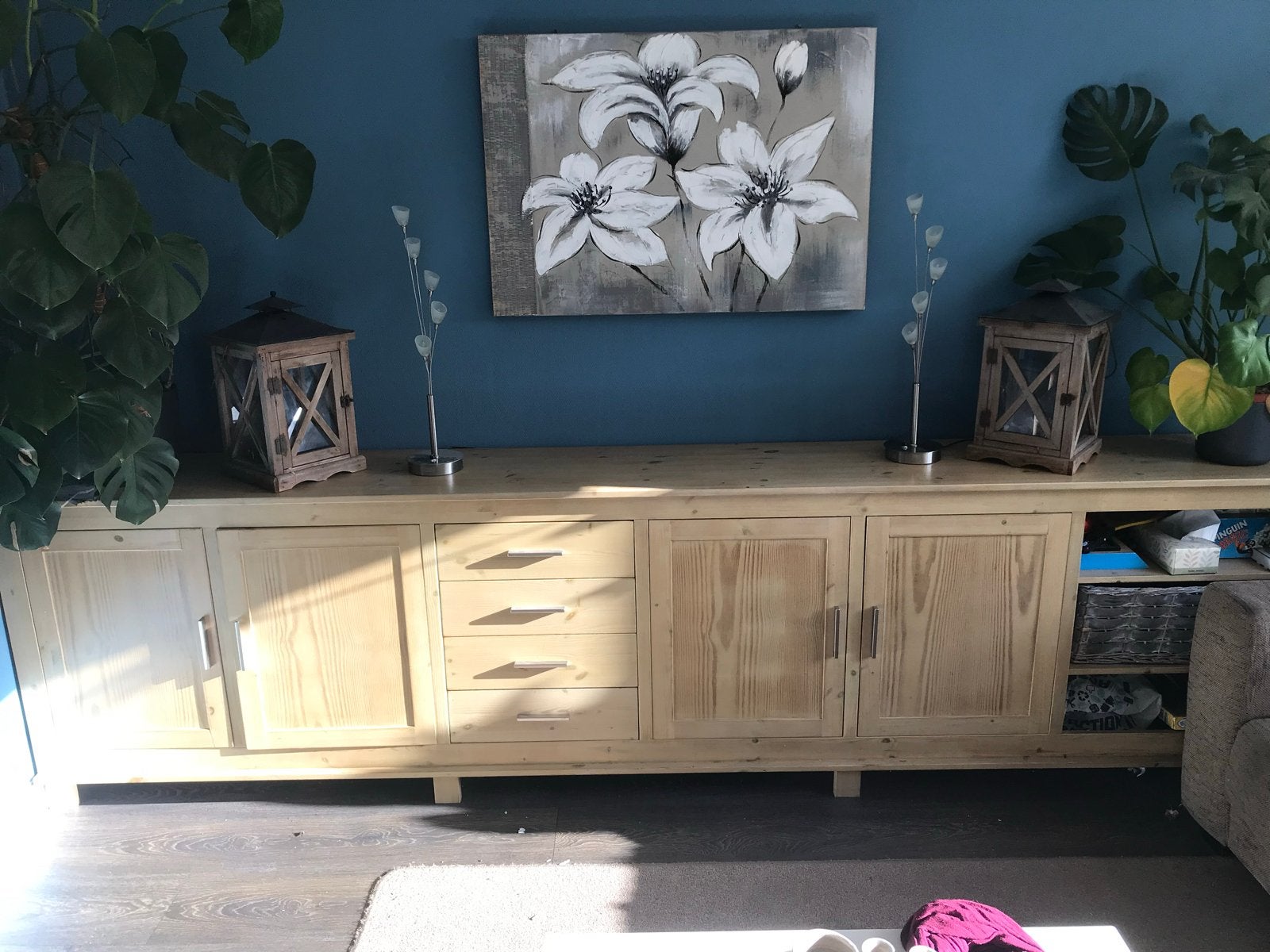 Groot houten dressoir met lades en deuren, Ophalen, Gebruikt, 200 cm of meer, Met lade(s)