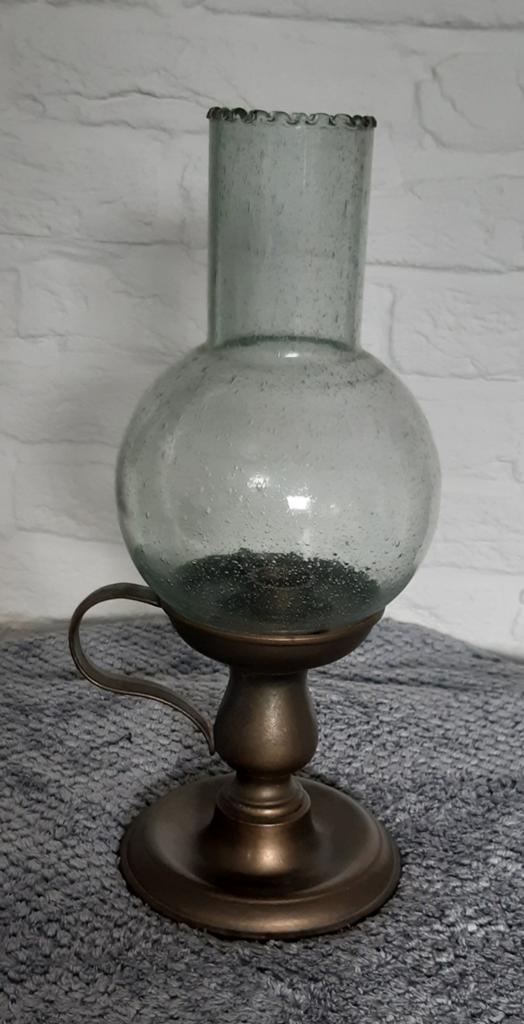 Vintage kandelaar van legering met glazen pot, Antiek en Kunst, Ophalen of Verzenden