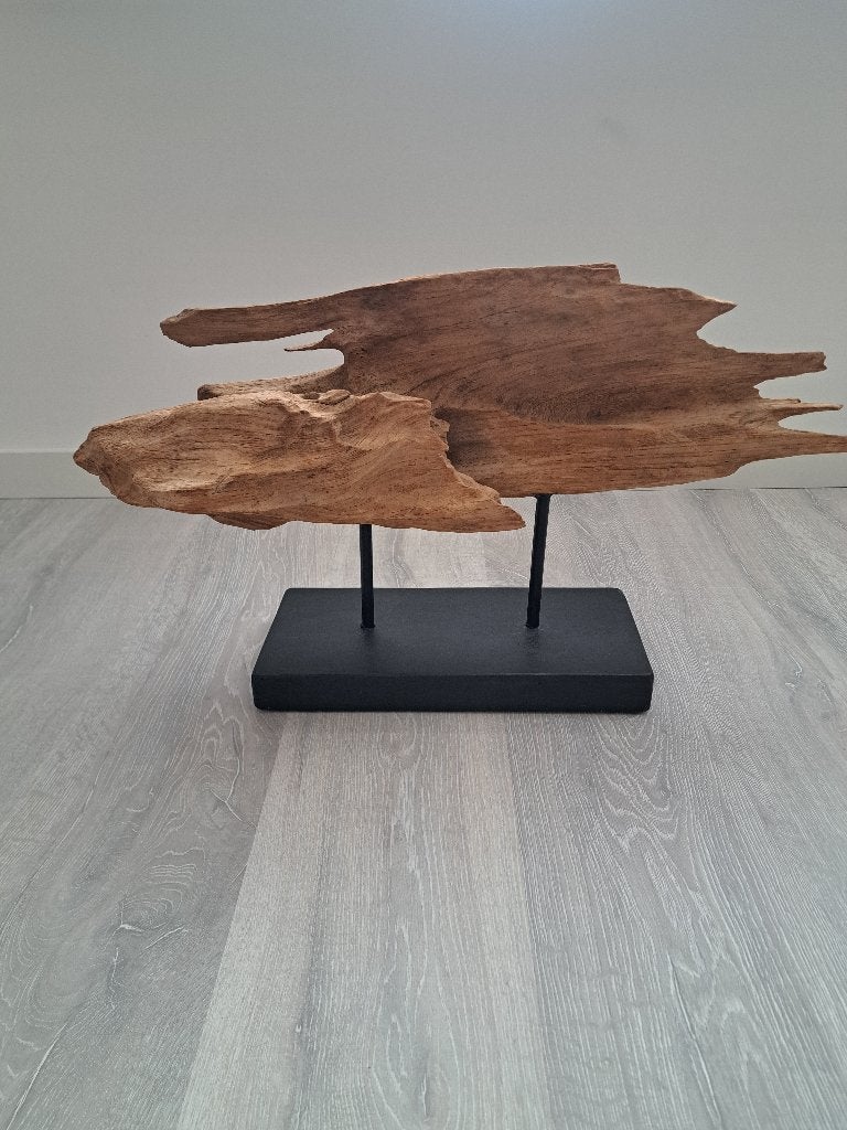Uniek decoratief drijfhout / teakwortelhout op standaard, Antiek en Kunst, Ophalen, Houtsnijwerk, 50 - 100 cm, Bruin