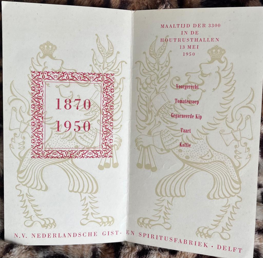 Menu Nederlandse Gist-en spiritus Delft 1970, Ophalen of Verzenden, 20e eeuw of later, Zo goed als nieuw
