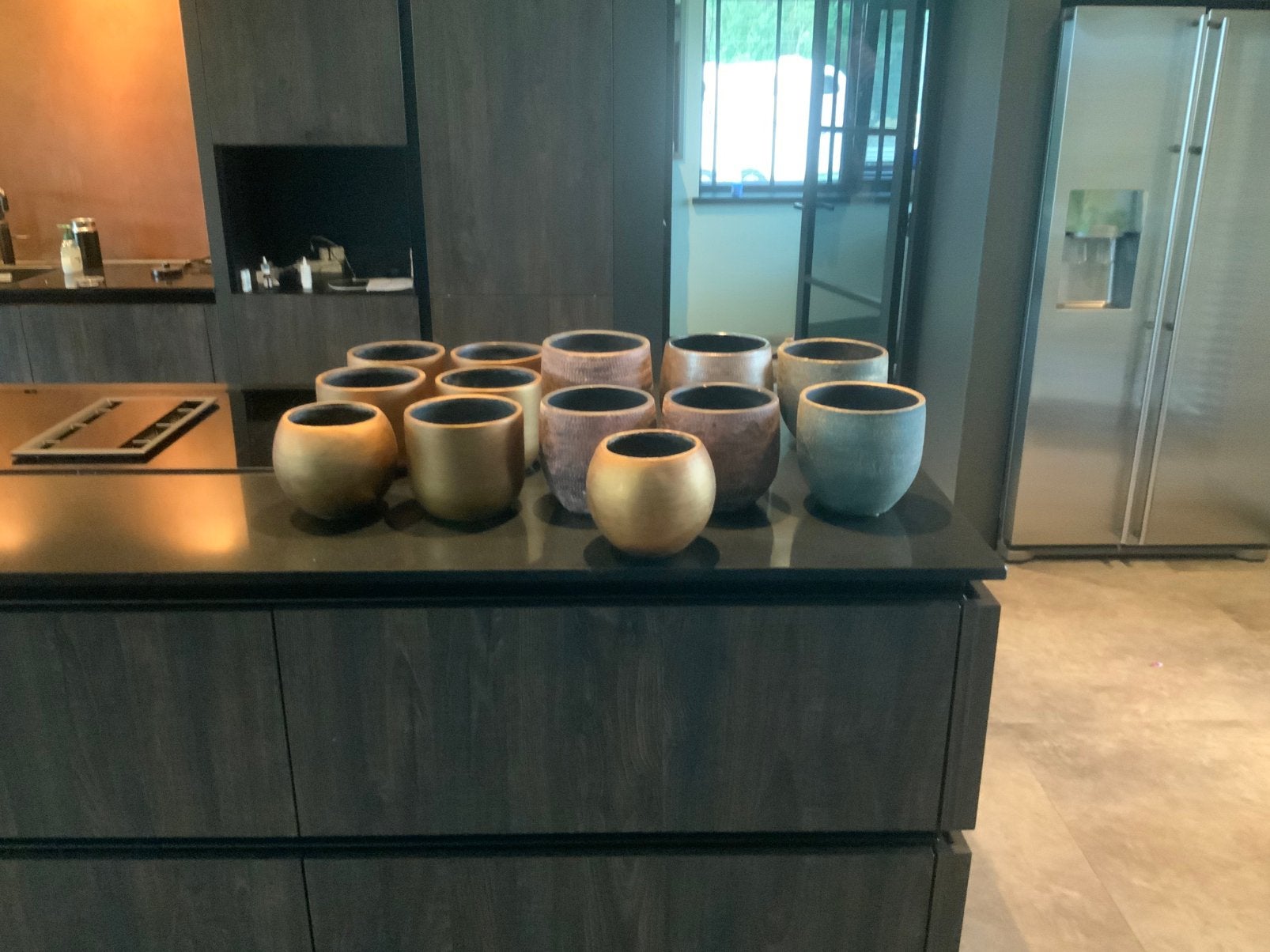 Te koop 13 prachtige goud en koperkleurige bloempotten, Ophalen, Rond, Minder dan 25 cm, Minder dan 40 cm