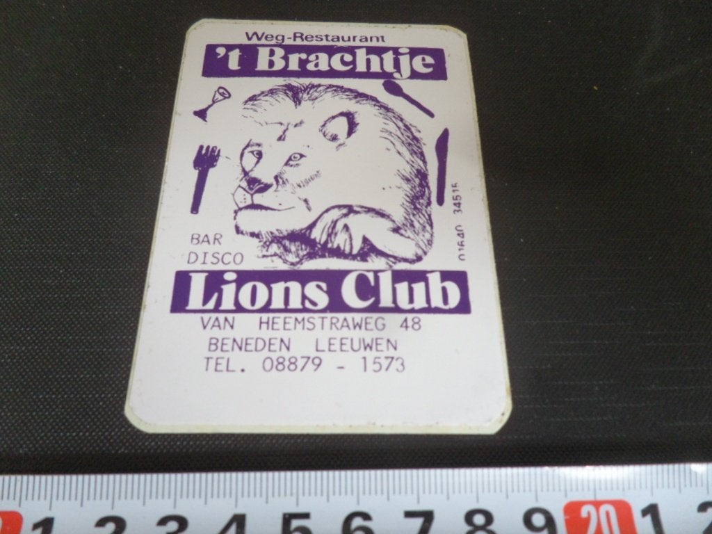 sticker ben. leeuwen weg-restaurant 'T BRACHTJE / LIONS CLUB, Verzamelen, Ophalen of Verzenden, Zo goed als nieuw