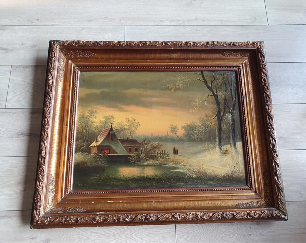 Schilderij: Winters Landschap met Huisje en Figuren, Antiek en Kunst, Ophalen