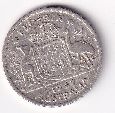 Australie Florin 1947 met randtikje, Verzenden, Losse munt, Zilver