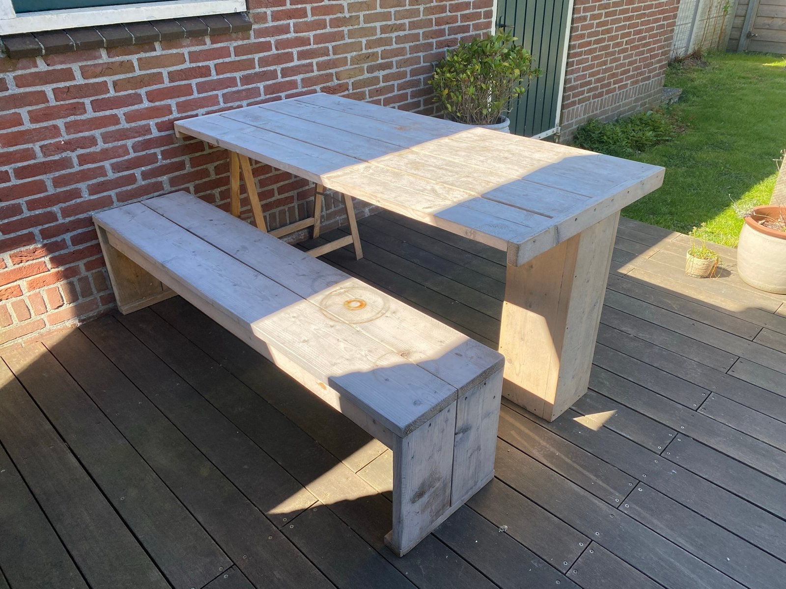 Steigerhouten tafel (180x80) met bankje, wandbevestiging, Ophalen, Gebruikt, Rechthoekig, Hout
