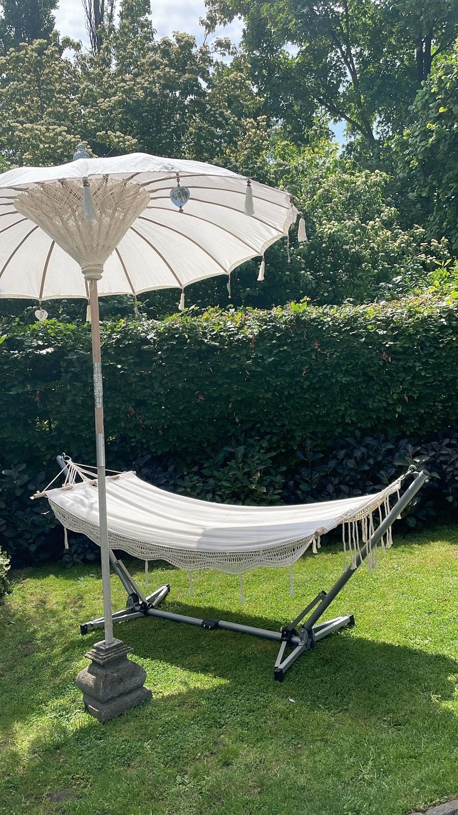 Hangmat ‘Ibiza’ met franjes compleet!, Ophalen, Zo goed als nieuw, Met standaard, Eenpersoons